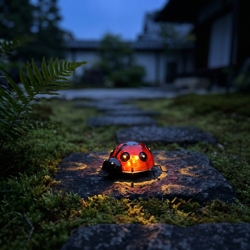 Solar metal ladybug garden light glowing on garden path at dusk
