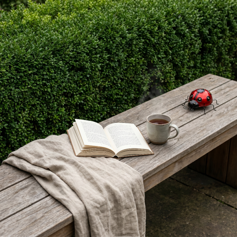 Solar metal ladybug garden light on outdoor bench with book and blanket
