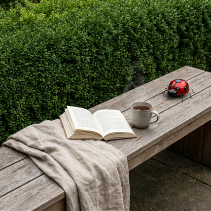 Solar metal ladybug garden light on outdoor bench with book and blanket