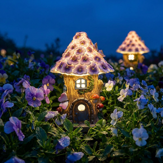 Solar mushroom garden lantern glowing among flowers at dusk