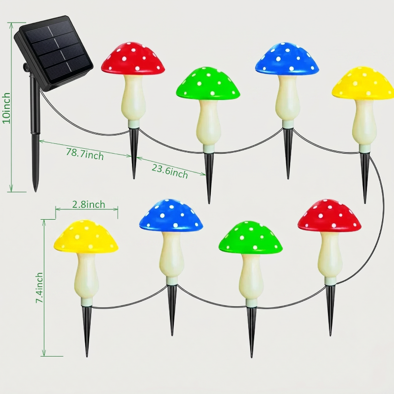 Solar mushroom accent lights with solar panel and red, green, blue, and yellow caps on white background