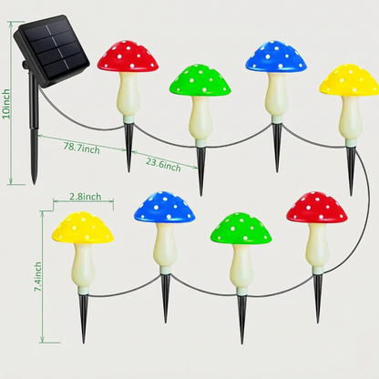 Solar mushroom accent lights with solar panel and red, green, blue, and yellow caps on white background