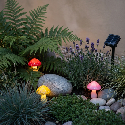 Solar mushroom accent lights in garden bed beside tropical plants