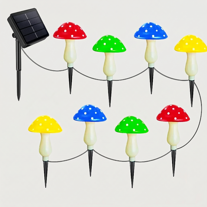 Solar mushroom accent lights with solar panel and red, green, blue, and yellow caps on white background