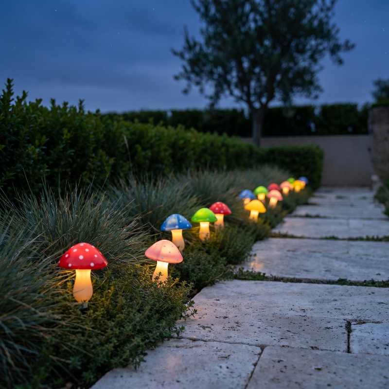 Solar mushroom accent lights lining stone path at dusk