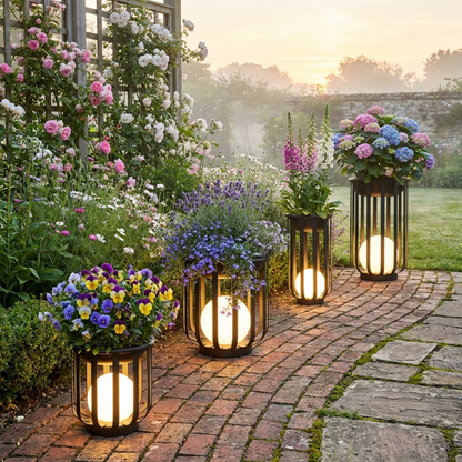 Solar planter tables with integrated light on garden path at dusk