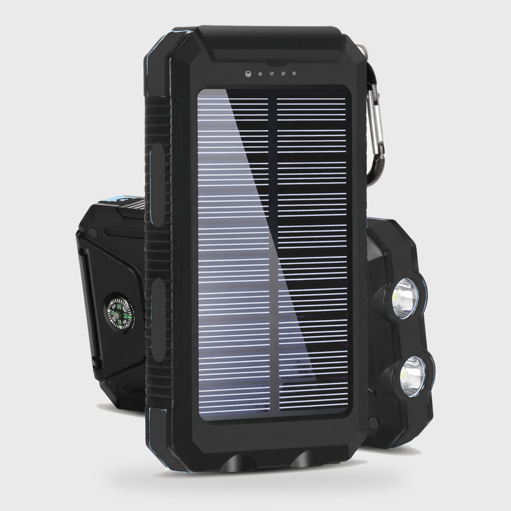 Black solar powered portable charger power bank with a solar panel, dual LED lights, and compass on a clean off-white background