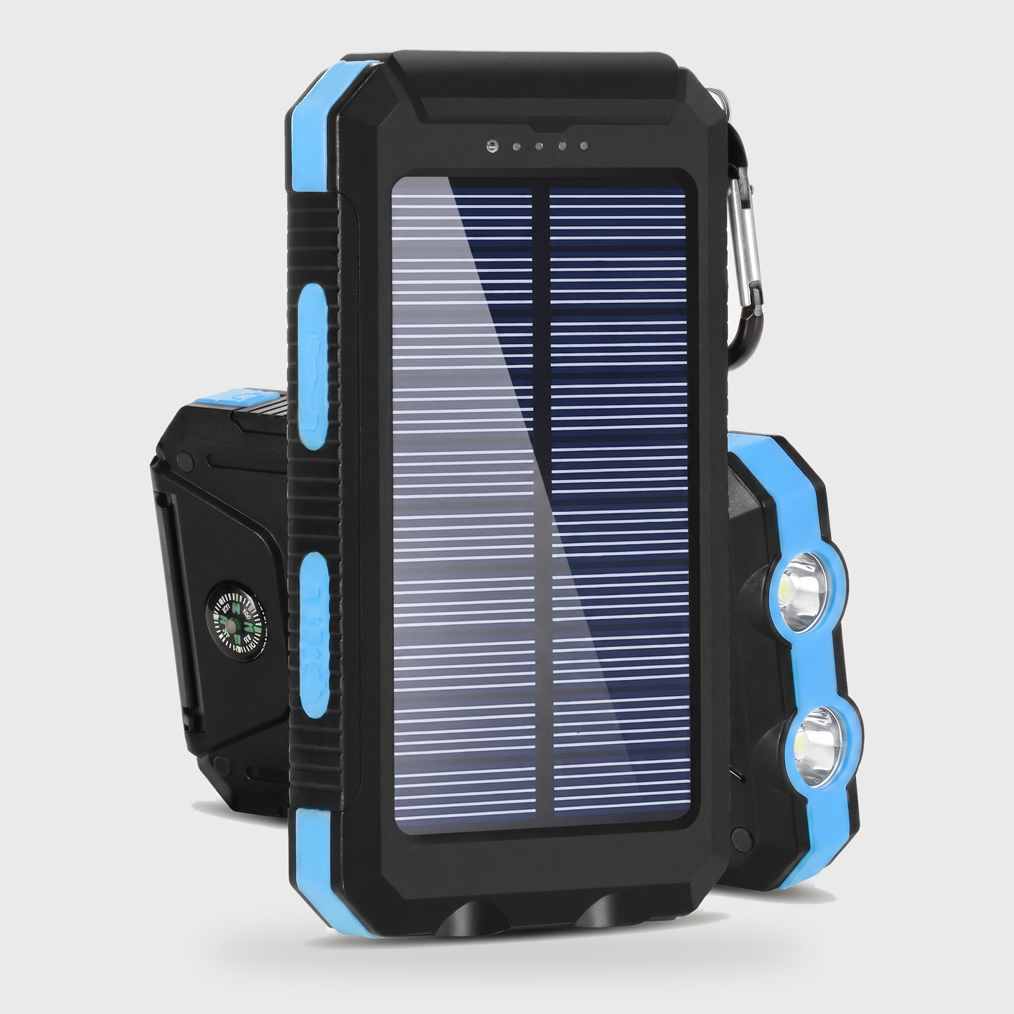 Blue solar powered portable charger power bank with a solar panel, dual LED lights, and compass on a clean off-white background