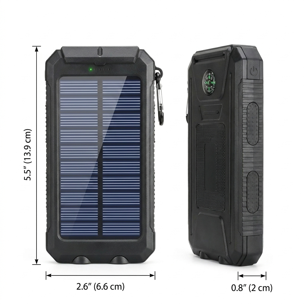Solar powered portable charger dimensions diagram showing height 5.5 in / 13.9 cm, width 2.6 in / 6.6 cm, and depth 0.8 in / 2 cm