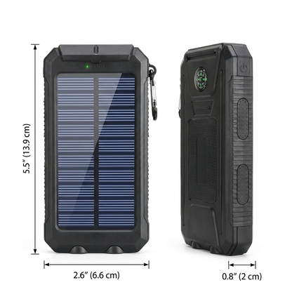 Solar powered portable charger dimensions diagram showing height 5.5 in / 13.9 cm, width 2.6 in / 6.6 cm, and depth 0.8 in / 2 cm