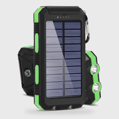 Green solar powered portable charger power bank with a solar panel, dual LED lights, and compass on a clean off-white background