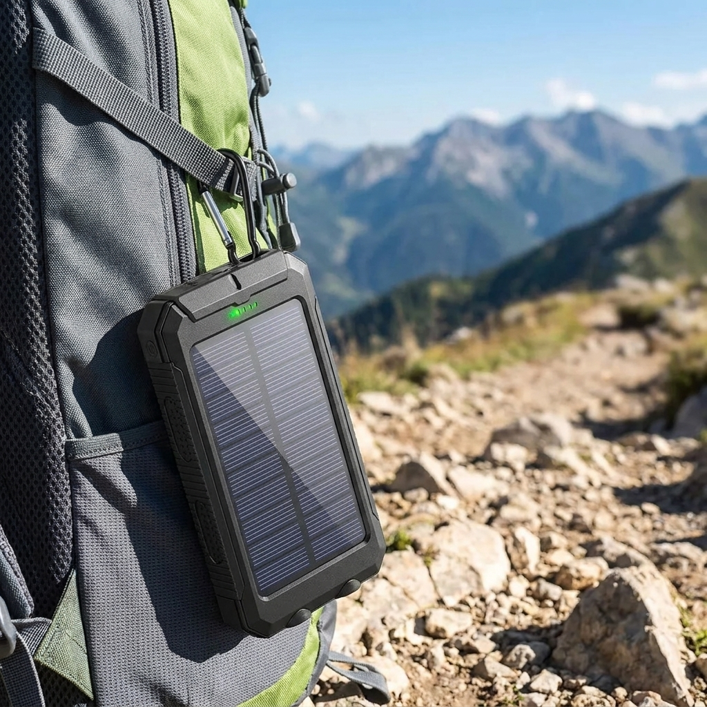 Solar powered portable charger clipped to a backpack while hiking a mountain trail