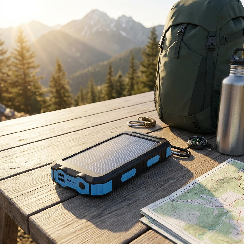 Solar powered portable charger on a camp table with a backpack and map on a mountain trip