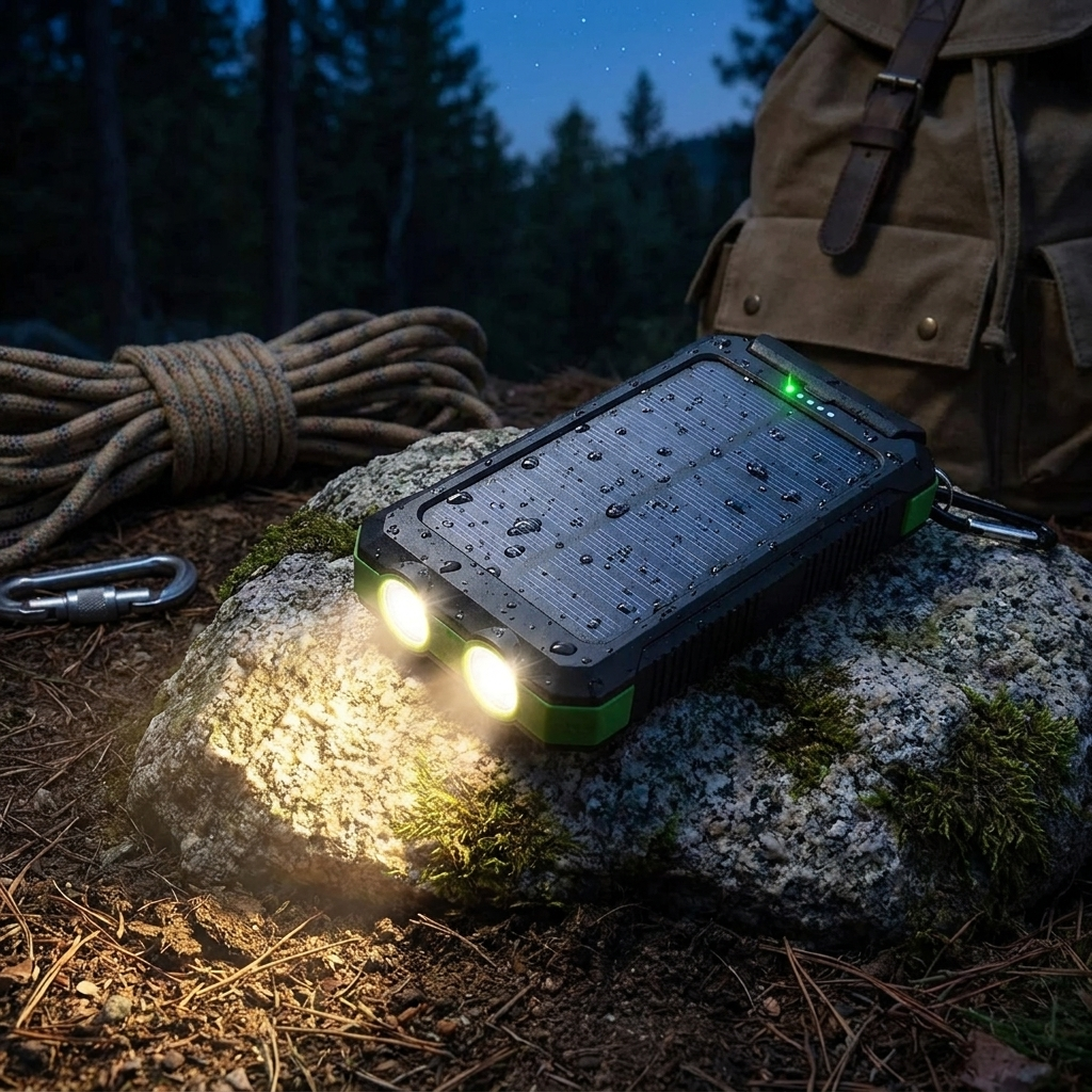 Solar powered portable charger with its dual LED flashlights lit at dusk