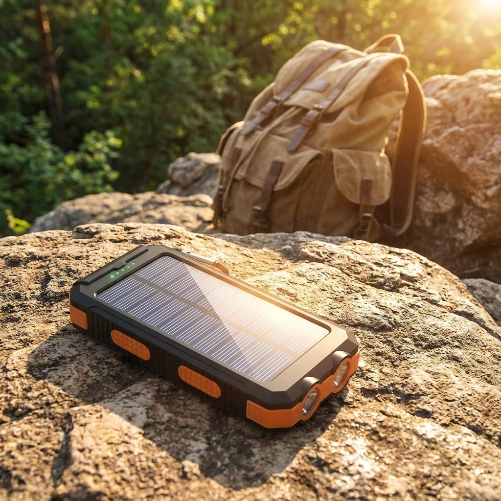 Solar powered portable charger resting on a rock outdoors charging in sunlight