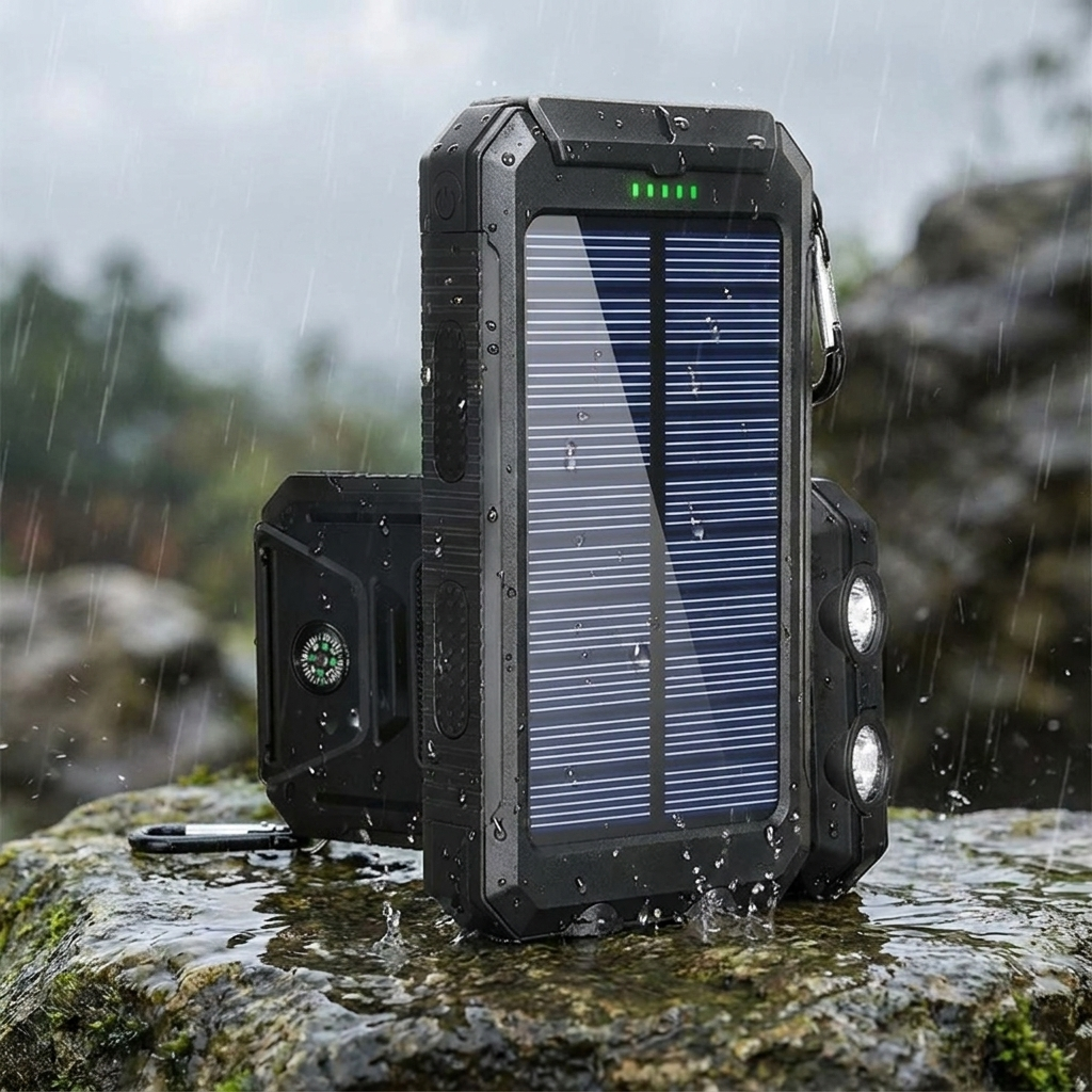 Solar powered portable charger covered in water droplets showing its waterproof rugged build