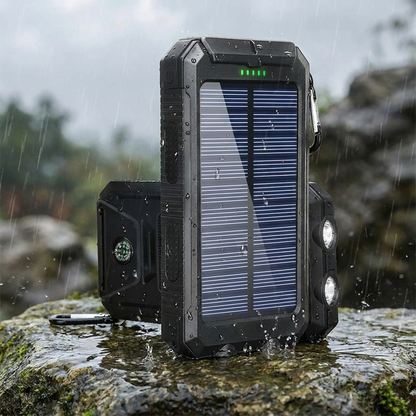 Solar powered portable charger covered in water droplets showing its waterproof rugged build