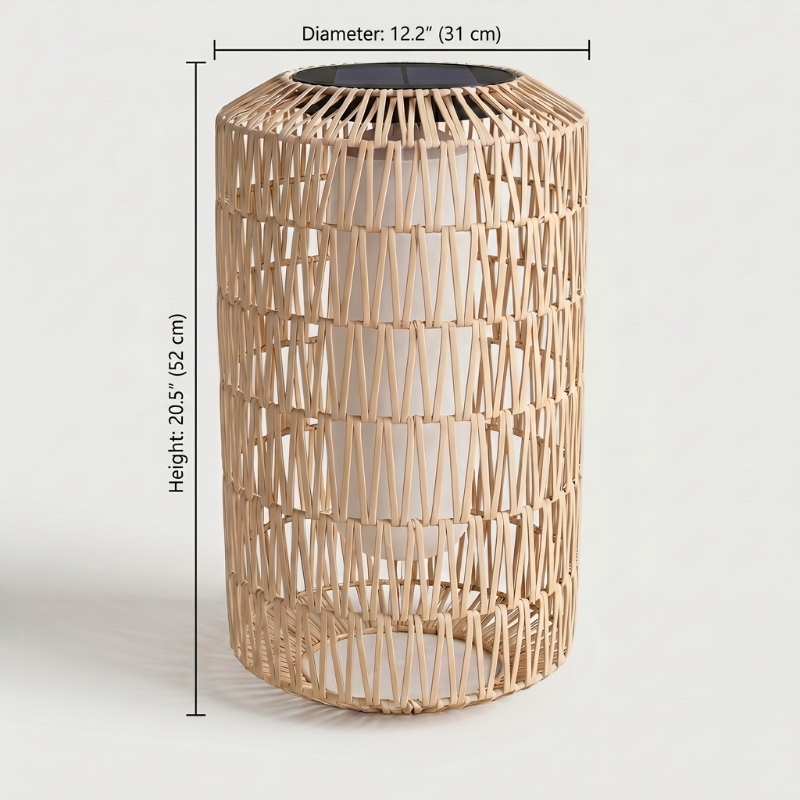 Woven rattan table with dimensions on a white background