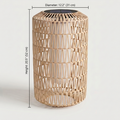 Woven rattan table with dimensions on a white background