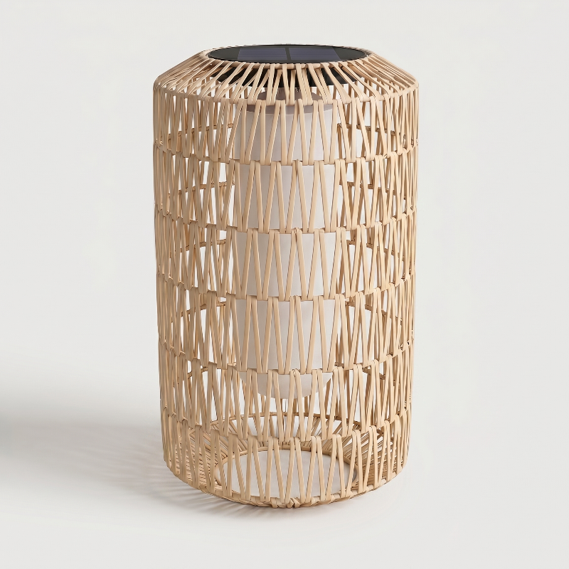 Woven rattan side table on a light gray background