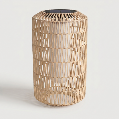 Woven rattan side table on a light gray background