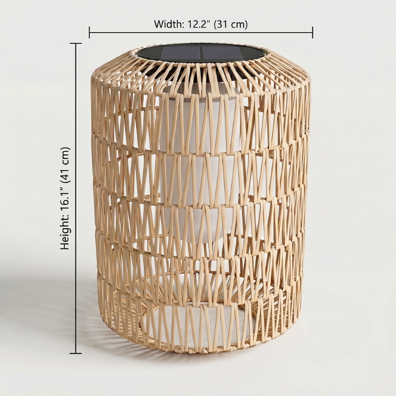 Woven rattan side table with dimensions on a light gray background