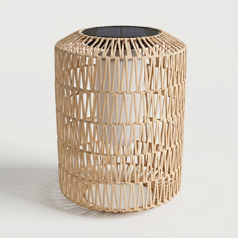 Woven rattan side table on a light gray background