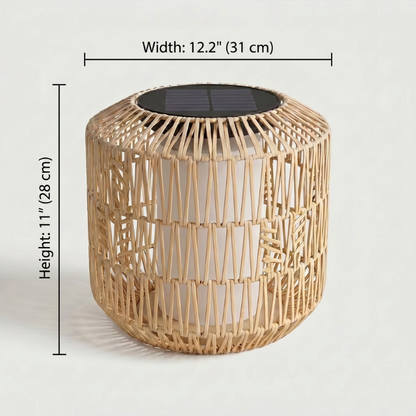 Woven rattan lantern with solar panel, shown with measurements on a light gray background