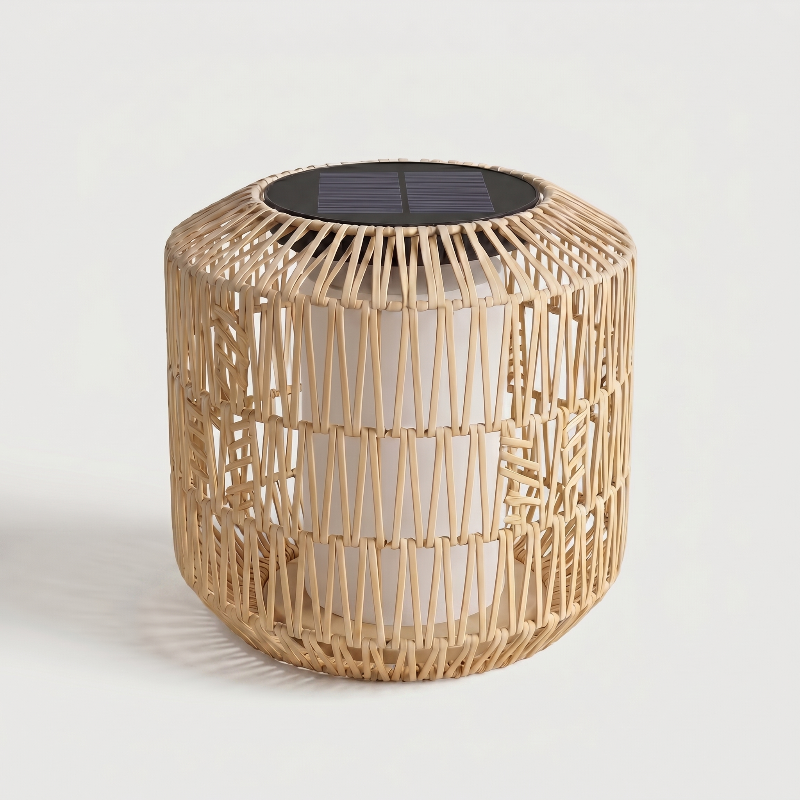 Woven rattan side table with solar panel on a white background