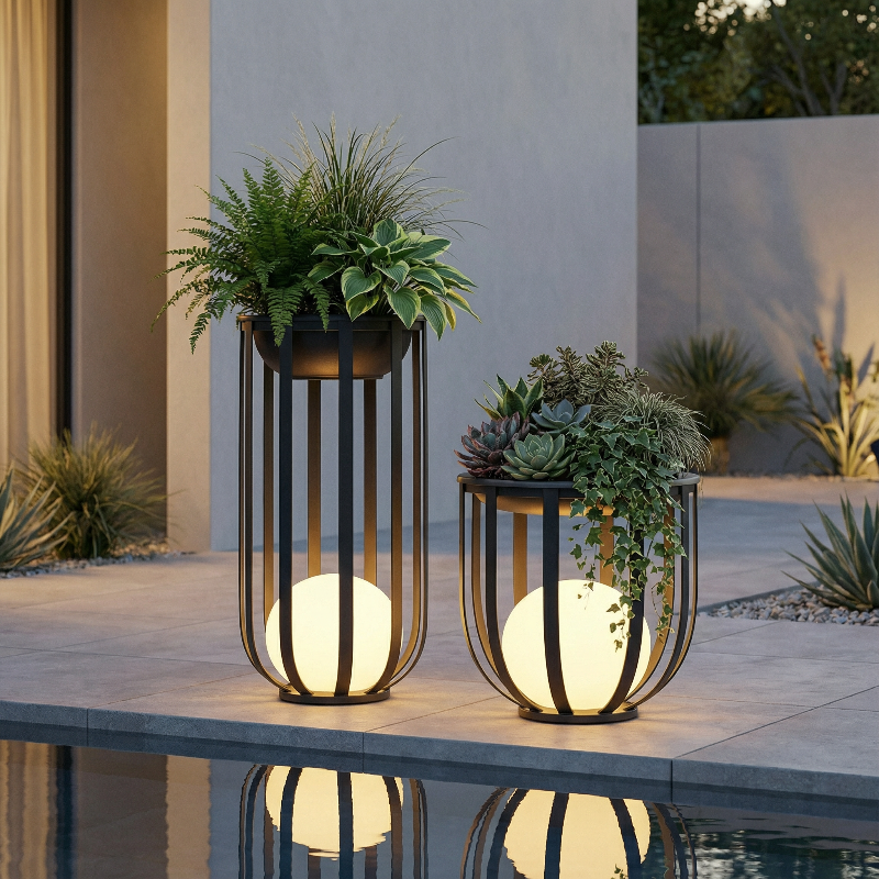 Two outdoor planters with lights on a patio near a pool