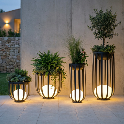Tall solar planter table with integrated light on white background