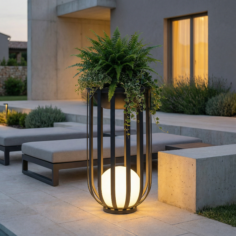 Decorative outdoor lamp with plant on a patio