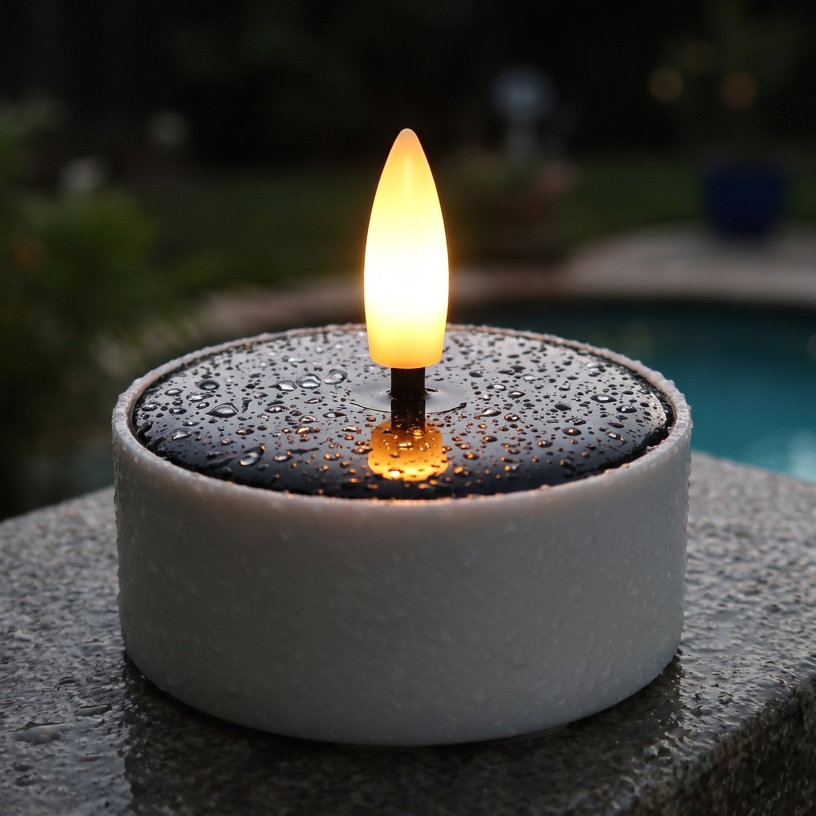 Close-up of a solar LED flameless tea light candle with a waterproof solar top and amber flame, Kiyo Home