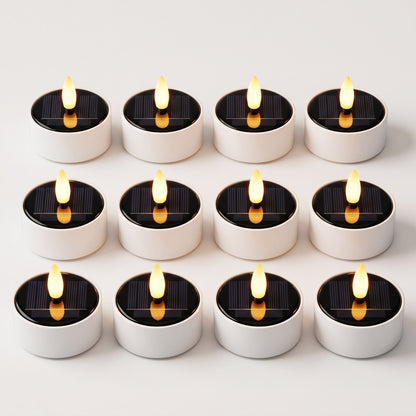 Set of 12 solar LED flameless tea light candles glowing, Kiyo Home