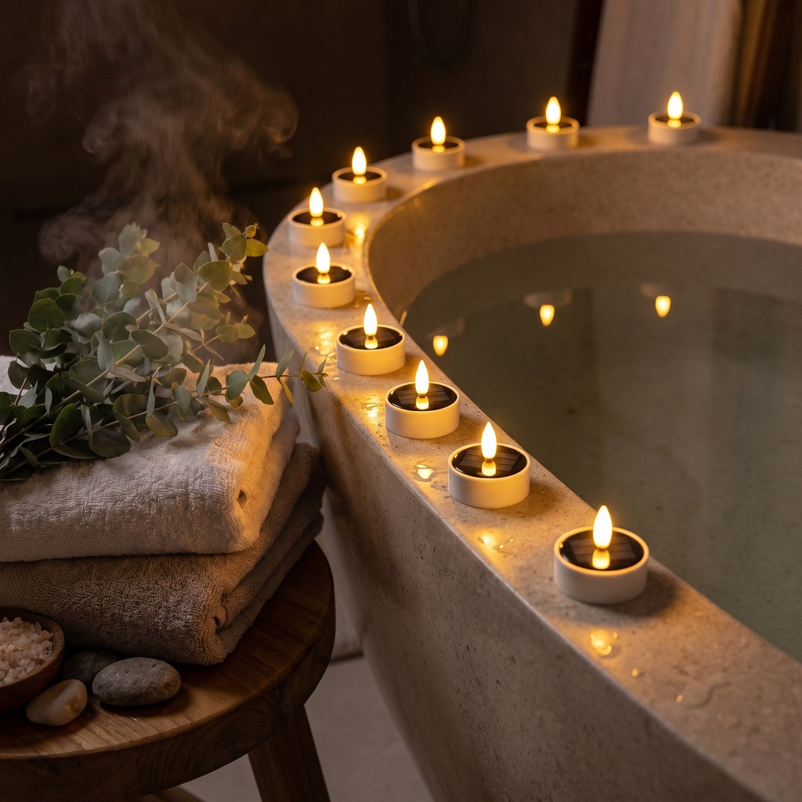 Solar LED flameless tea light candles around a spa bathtub in the evening, Kiyo Home