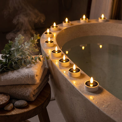 Solar LED flameless tea light candles around a spa bathtub in the evening, Kiyo Home