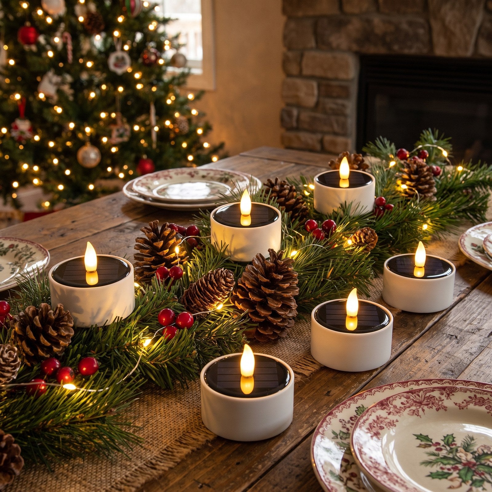 Solar LED flameless tea light candles on a festive Christmas table with pine garland, Kiyo Home