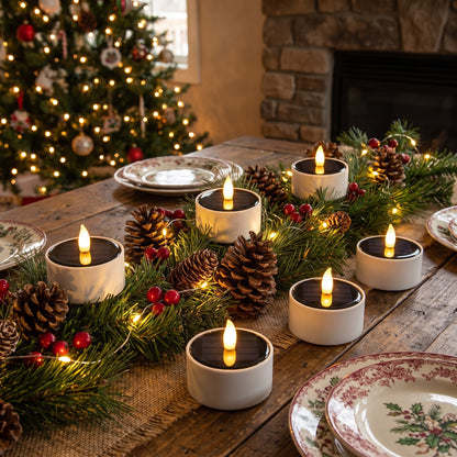Solar LED flameless tea light candles on a festive Christmas table with pine garland, Kiyo Home