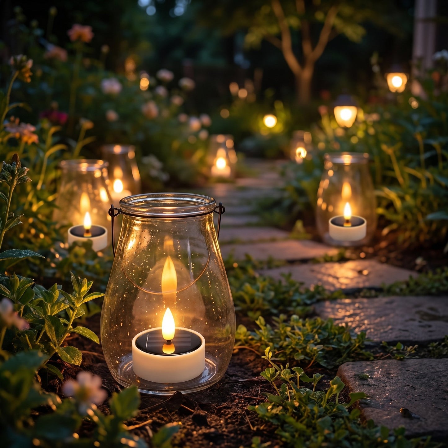 Solar LED flameless tea light candles in glass lanterns along a garden path at night, Kiyo Home