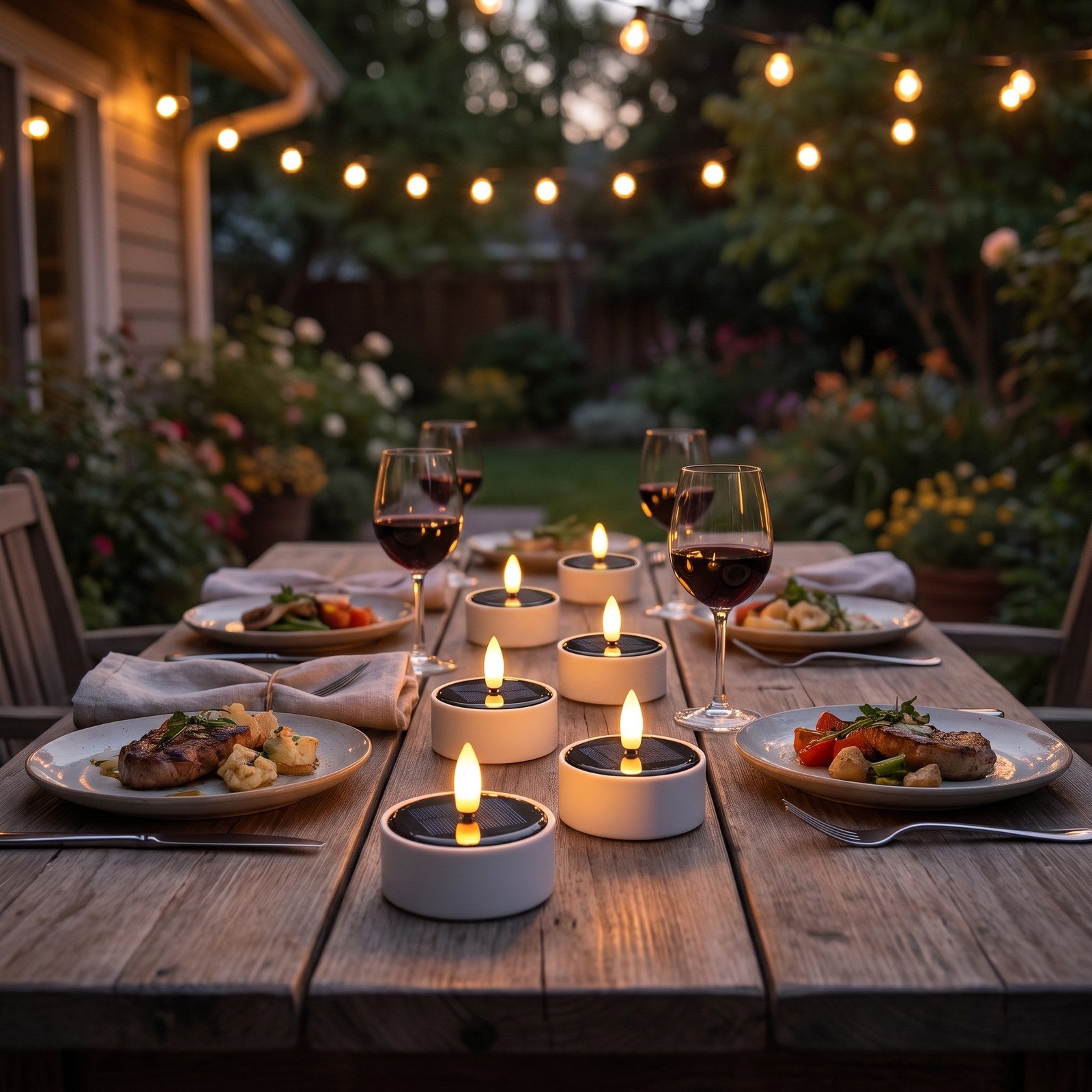 Solar LED flameless tea light candles on an al fresco patio dinner table with string lights, Kiyo Home