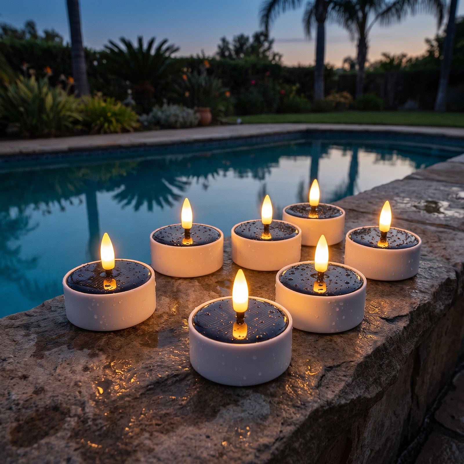 Solar LED flameless tea light candles glowing on a stone ledge beside a pool at dusk, Kiyo Home
