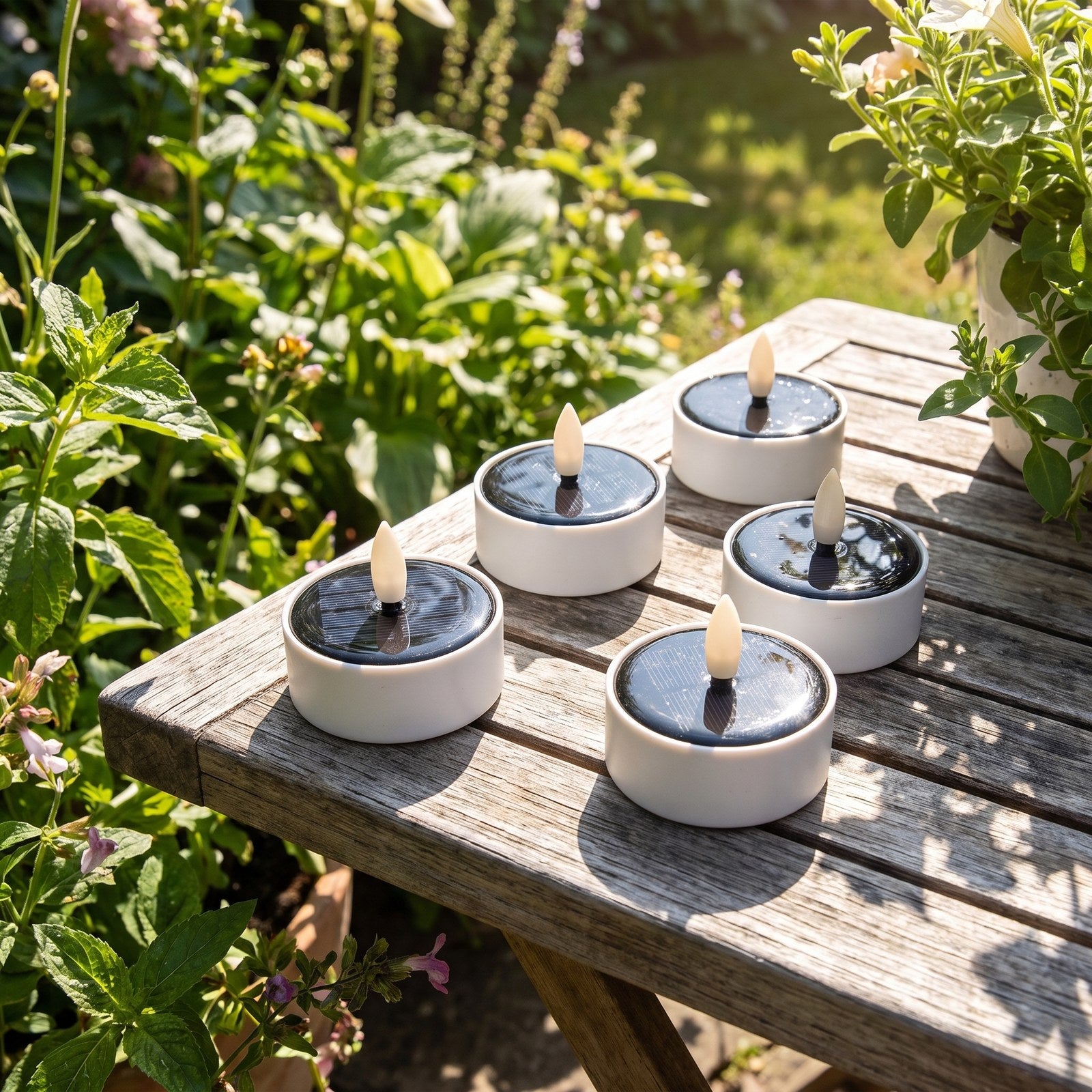 Solar LED tea light candles charging in daylight with solar panels facing the sun, Kiyo Home