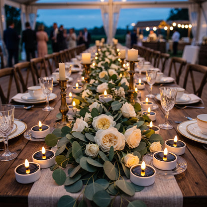 Solar LED flameless tea light candles as a wedding table centerpiece with white roses, Kiyo Home