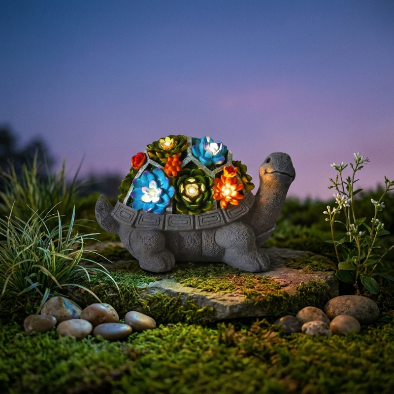 Solar turtle garden light glowing in garden bed at twilight
