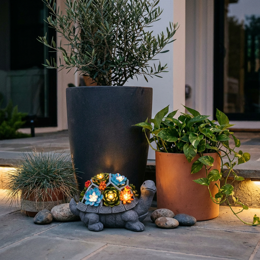 Solar turtle garden light beside front door with potted plants
