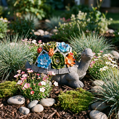 Solar turtle garden light in flower bed with succulents and stones