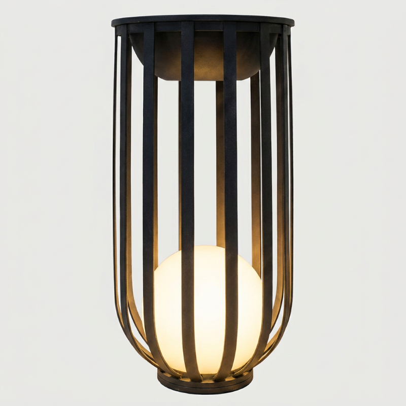 Decorative outdoor solar lamp flower table with a cage-like design on a light gray background