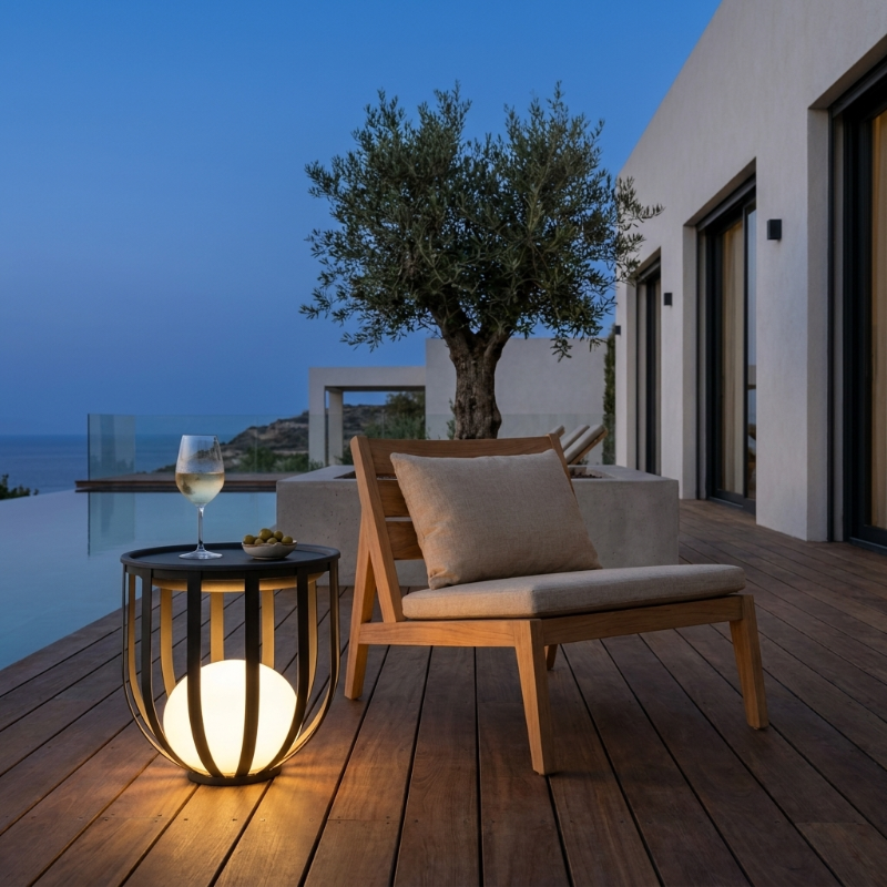 Solar planter tables with integrated light on terrace by outdoor dining area