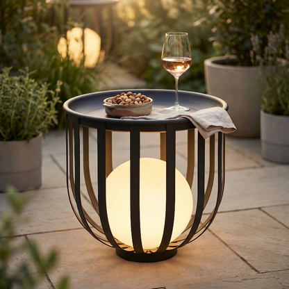 Solar planter table with integrated light on stone patio with nuts and glass of wine.