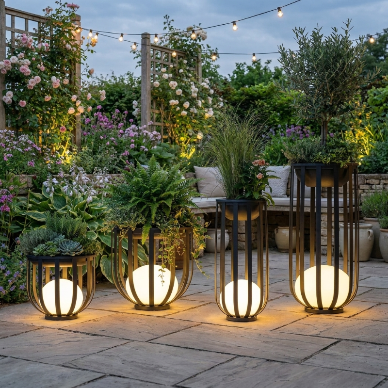 Solar planter tables with integrated light on outdoor deck with potted plants